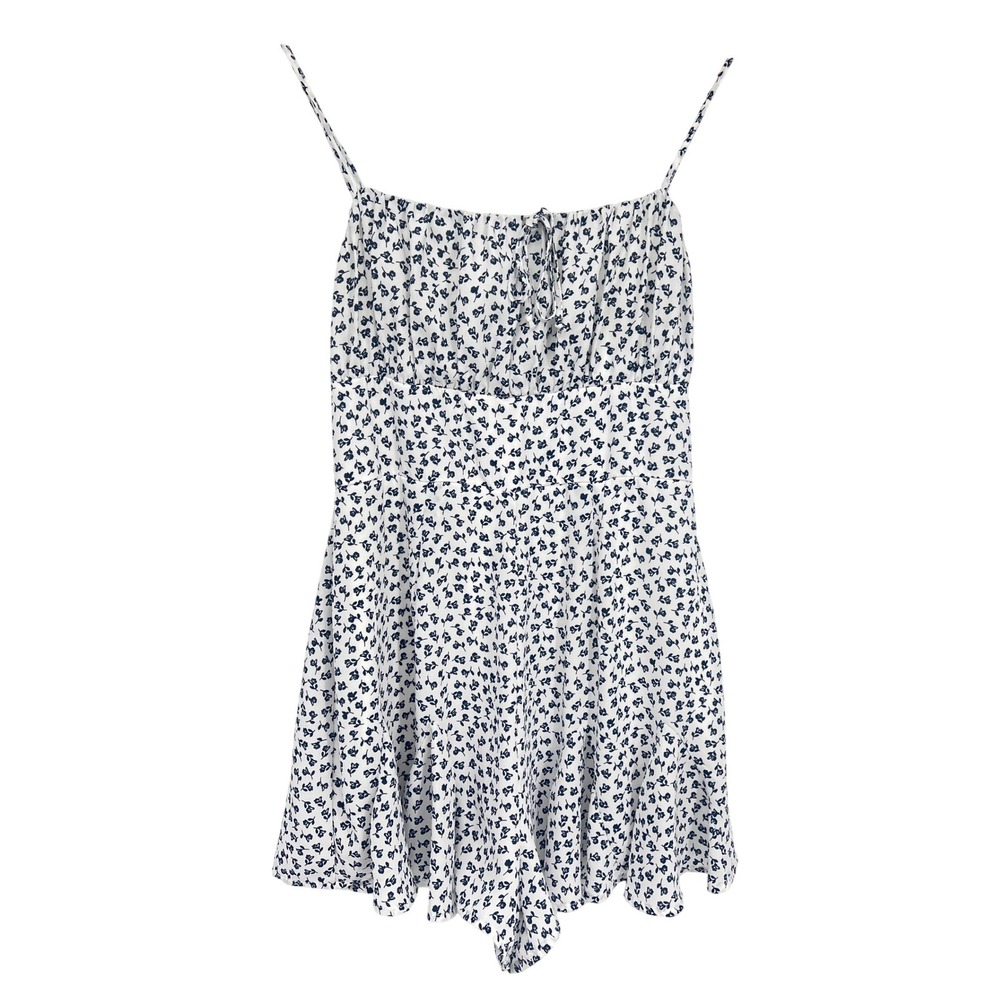 MiAmi Floral Print Romper Adjustable Spaghetti Straps Navy White Ruffle Hem Mini